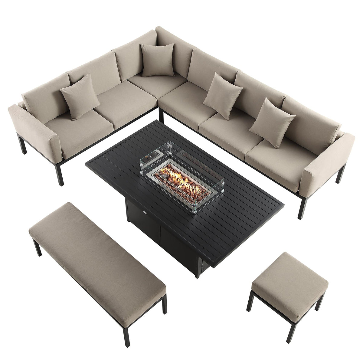 Calabasas Large Outdoor Fabric and Aluminium Corner Casual Dining Set with Firepit Table, Taupe — view 3