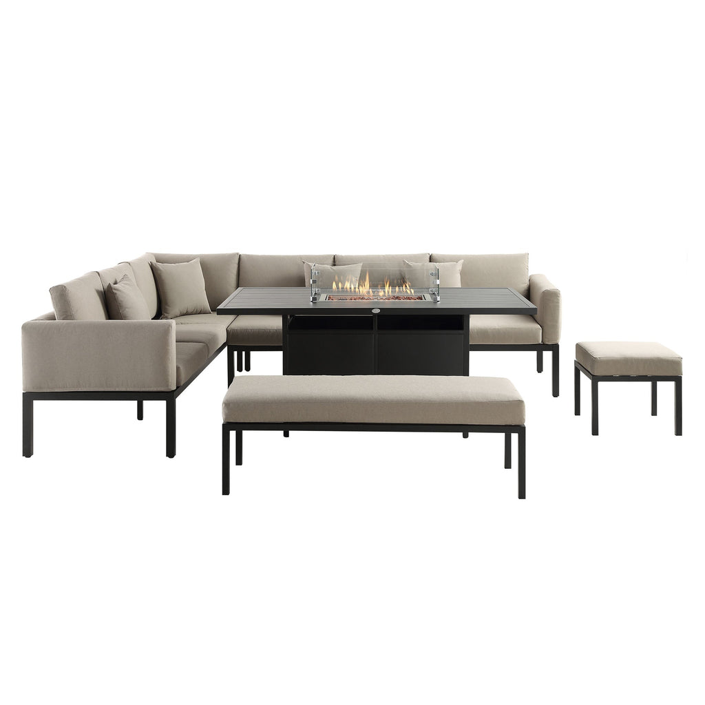 Calabasas Large Outdoor Fabric and Aluminium Corner Casual Dining Set with Firepit Table, Taupe — view 5