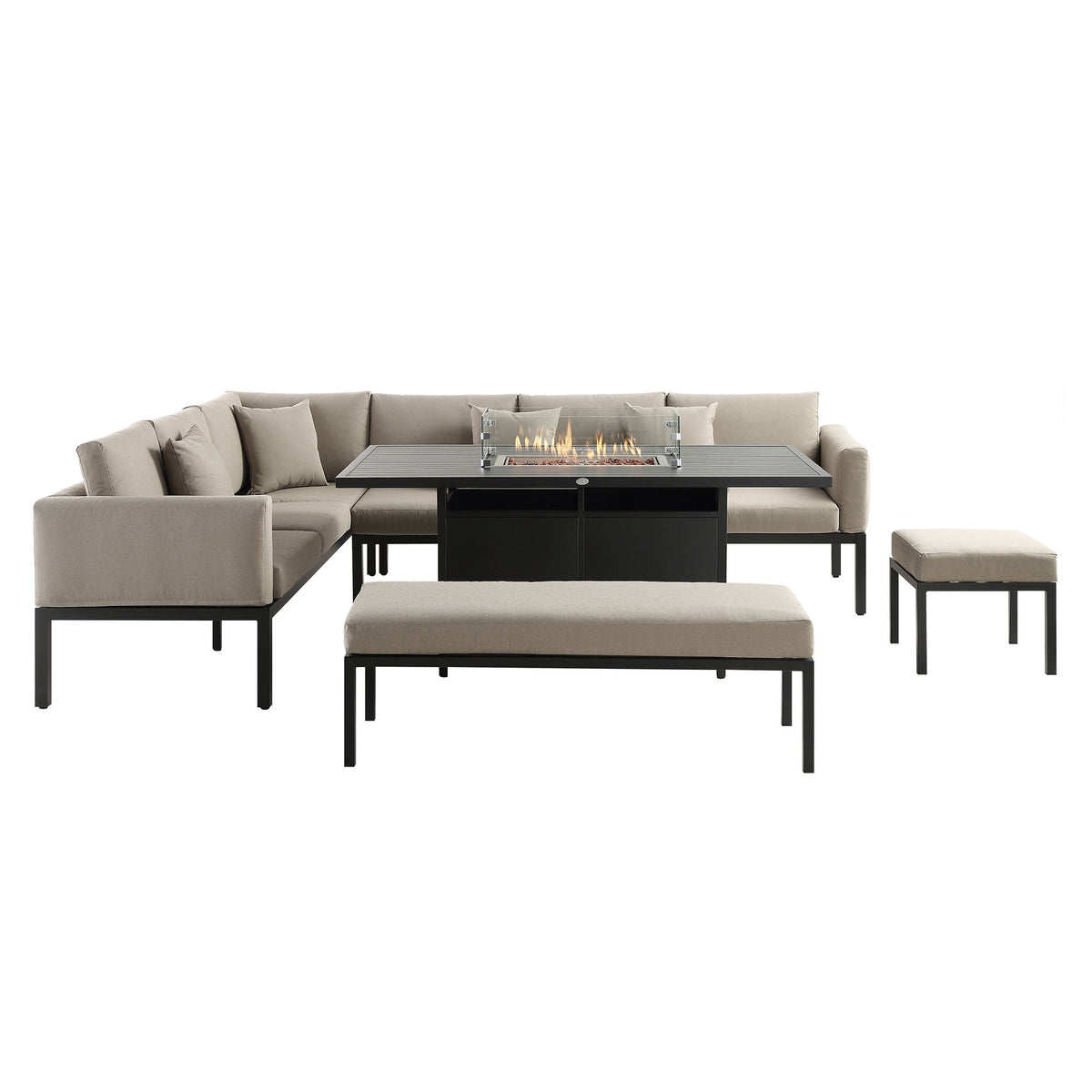 Calabasas Large Outdoor Fabric and Aluminium Corner Casual Dining Set with Firepit Table, Taupe — view 5