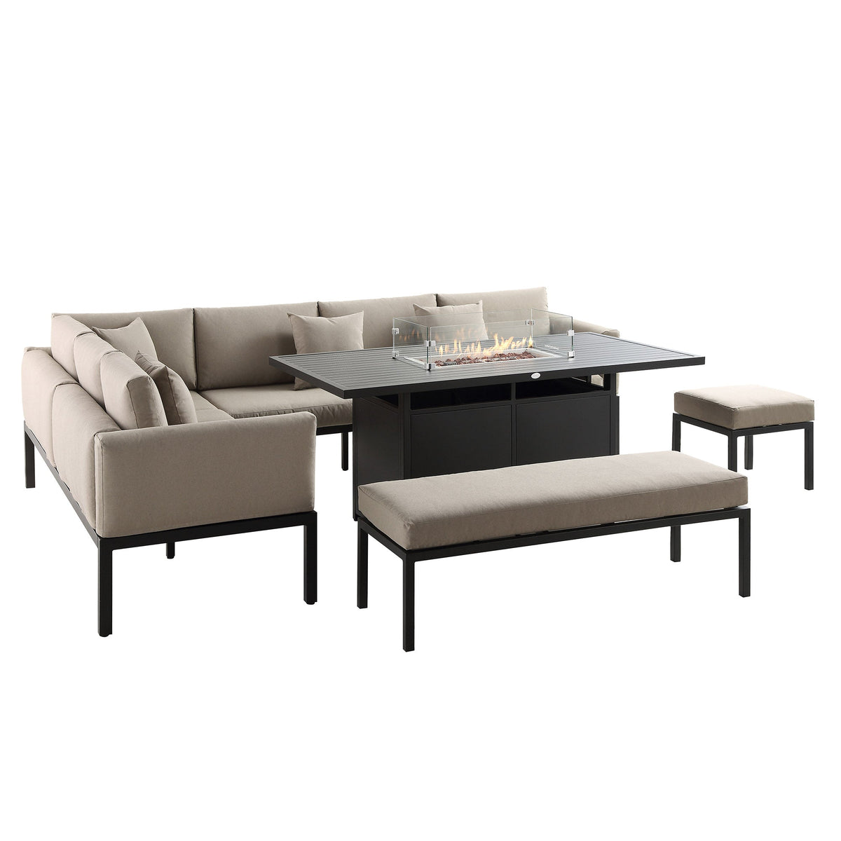 Calabasas Large Outdoor Fabric and Aluminium Corner Casual Dining Set with Firepit Table, Taupe — view 6