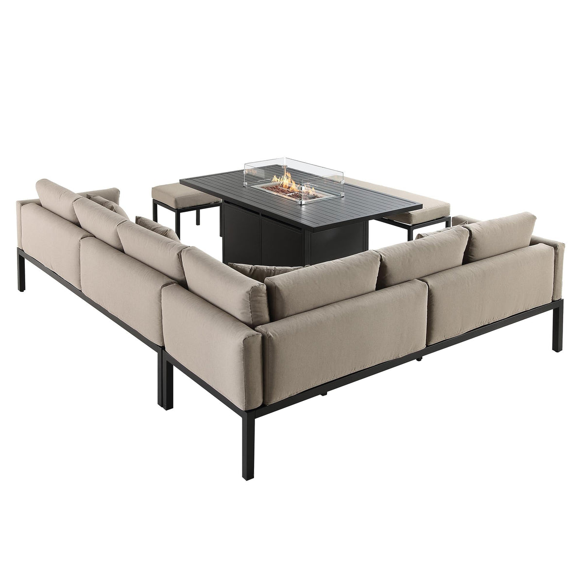 Calabasas Large Outdoor Fabric and Aluminium Corner Casual Dining Set with Firepit Table, Taupe — view 7