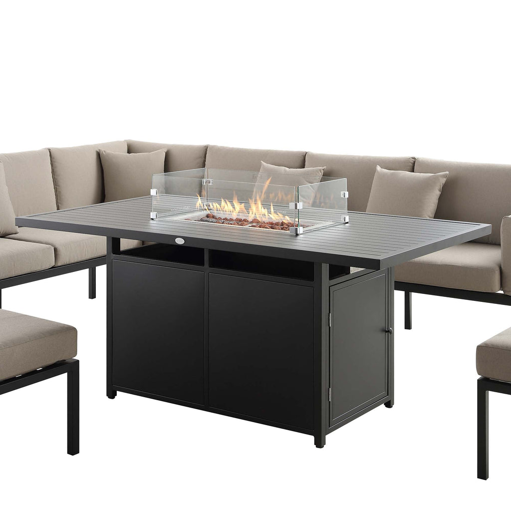 Calabasas Large Outdoor Fabric and Aluminium Corner Casual Dining Set with Firepit Table, Taupe — view 8