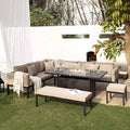 Calabasas Large Outdoor Fabric and Aluminium Corner Casual Dining Set with Firepit Table, Taupe — garden dining set from 2nd Time Around