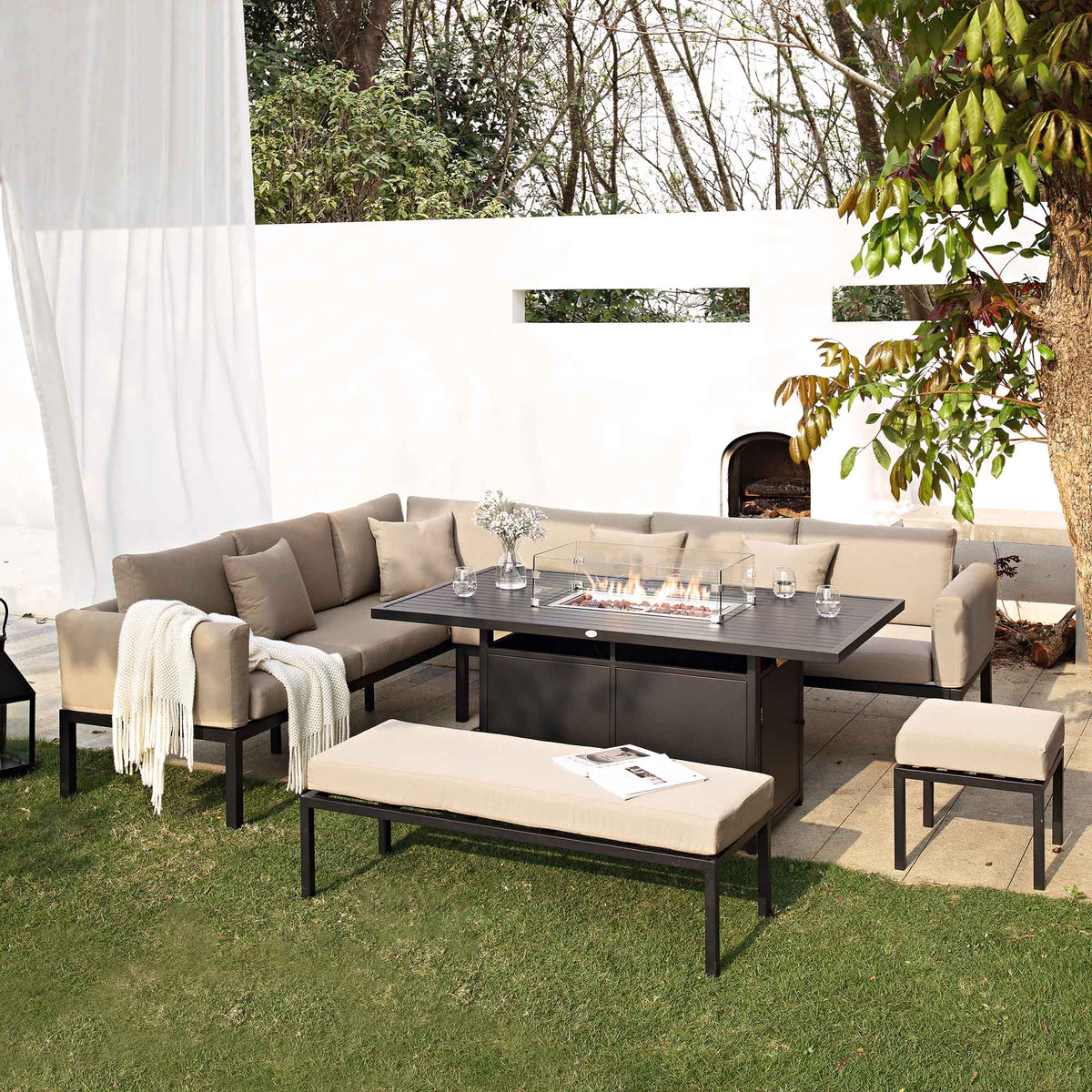 Calabasas Large Outdoor Fabric and Aluminium Corner Casual Dining Set with Firepit Table, Taupe — garden dining set from 2nd Time Around