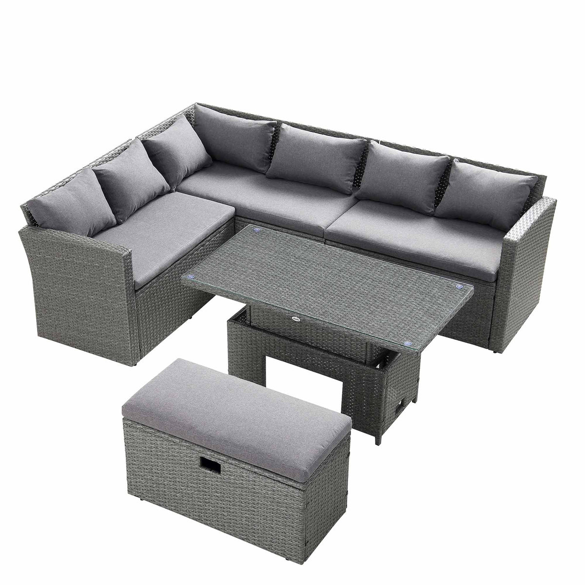 Granchester Rattan Rectangular Corner Dining Sofa Set with Rising Table, Grey — view 9
