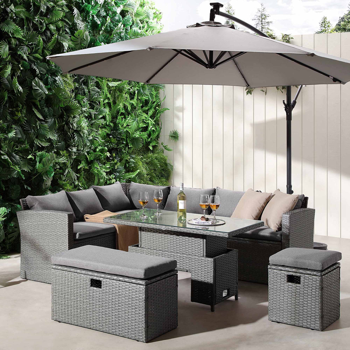 Granchester Rattan Rectangular Corner Dining Sofa Set with Rising Table, Grey — view 2