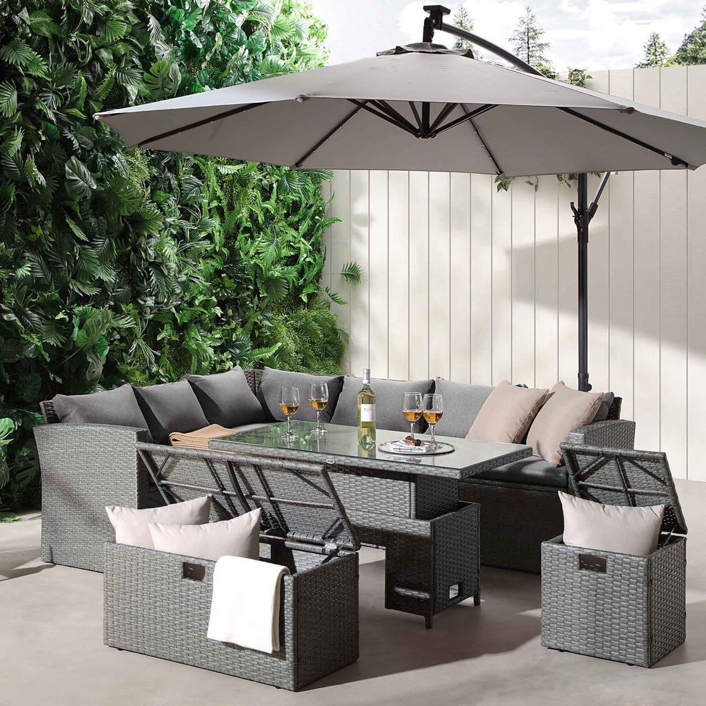 Granchester Rattan Rectangular Corner Dining Sofa Set with Rising Table, Grey — view 3