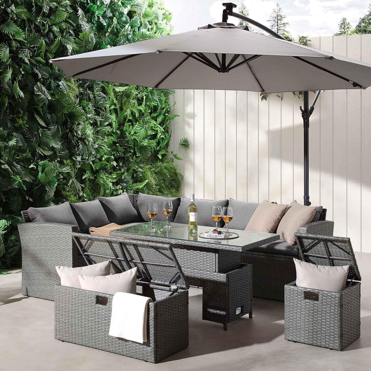 Granchester Rattan Rectangular Corner Dining Sofa Set with Rising Table, Grey — view 3