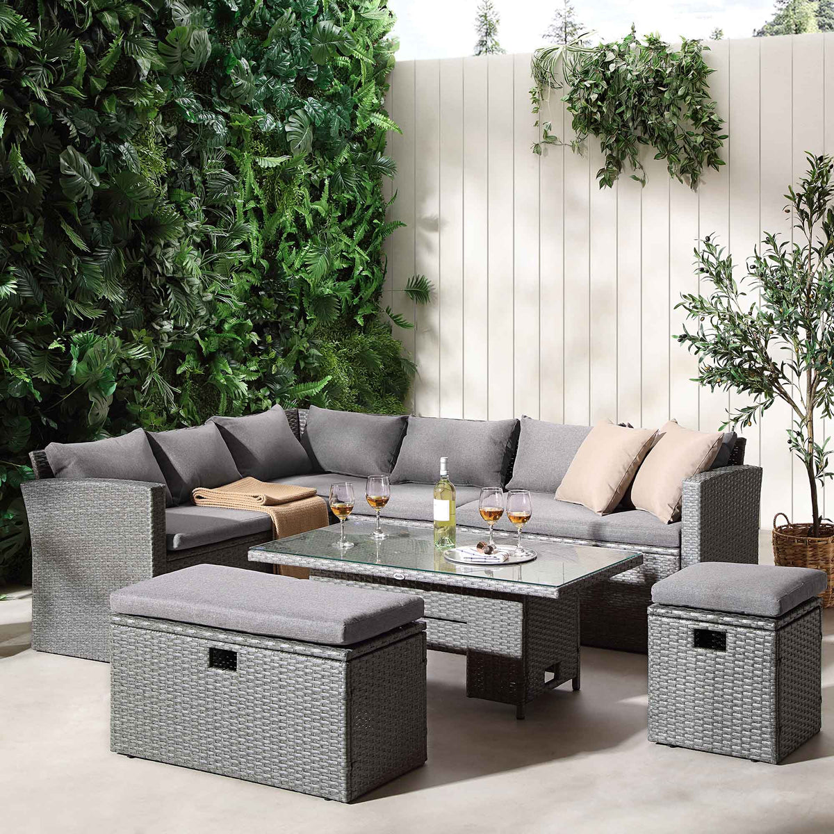 Granchester Rattan Rectangular Corner Dining Sofa Set with Rising Table, Grey — view 4