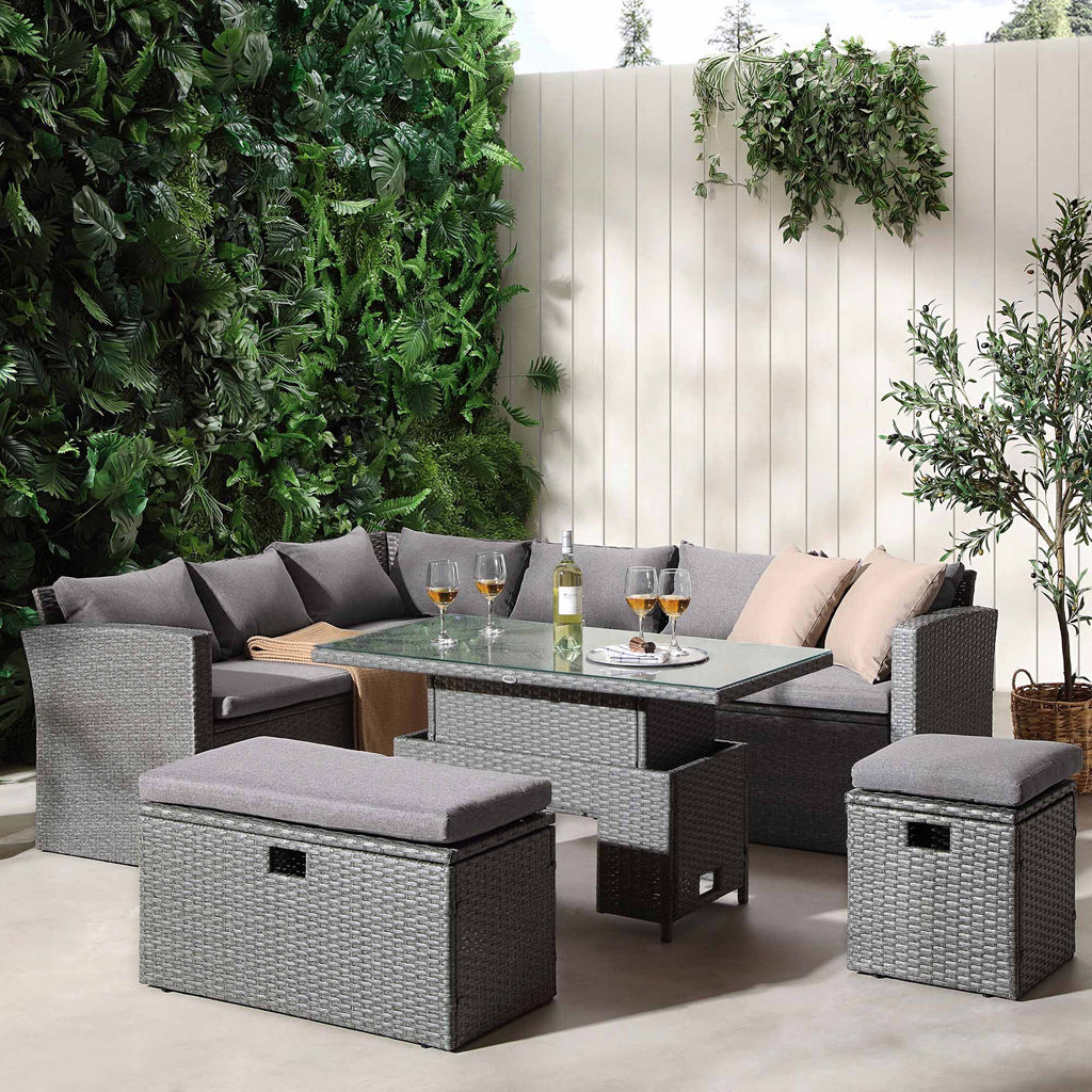 Granchester Rattan Rectangular Corner Dining Sofa Set with Rising Table, Grey — view 5