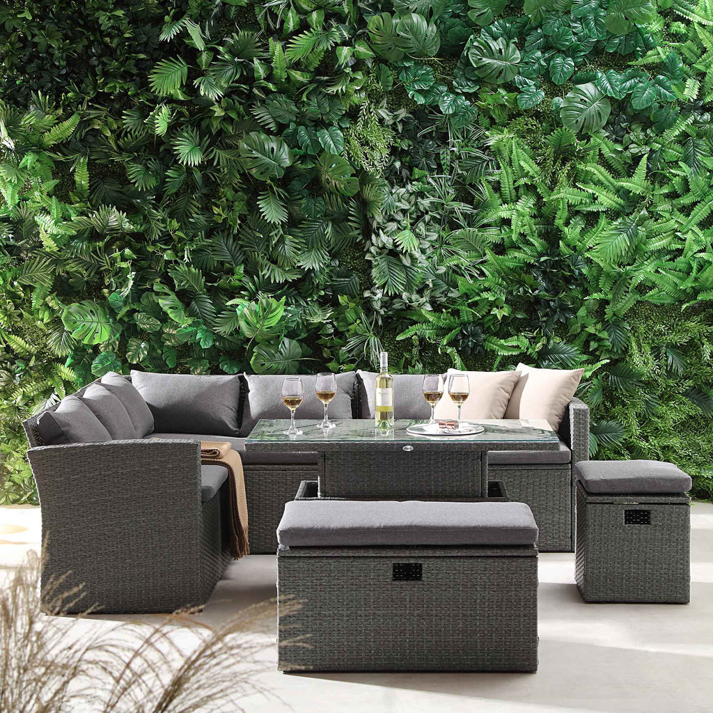 Granchester Rattan Rectangular Corner Dining Sofa Set with Rising Table, Grey — view 6