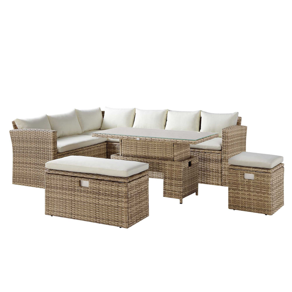Granchester Rattan Rectangular Corner Dining Sofa Set with Rising Table, Natural — view 5