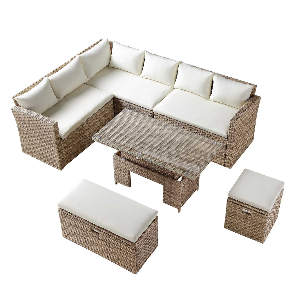 Granchester Rattan Rectangular Corner Dining Sofa Set with Rising Table, Natural — view 9