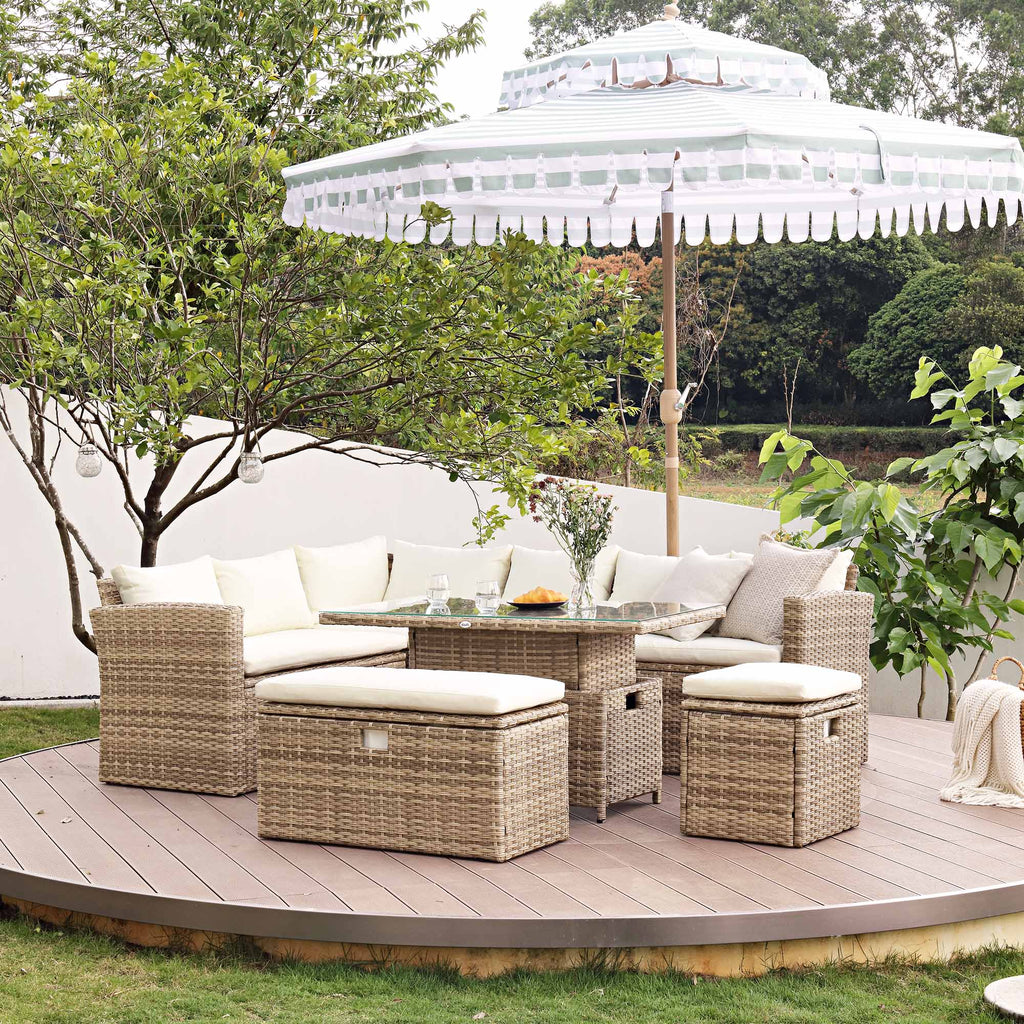 Granchester Rattan Rectangular Corner Dining Sofa Set with Rising Table, Natural — garden dining set from 2nd Time Around