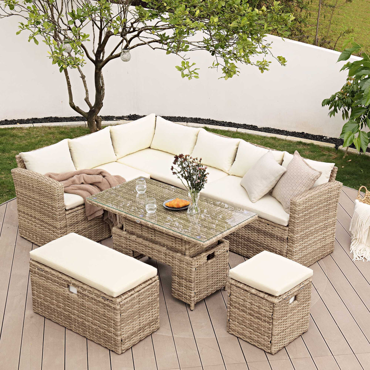 Granchester Rattan Rectangular Corner Dining Sofa Set with Rising Table, Natural — view 2
