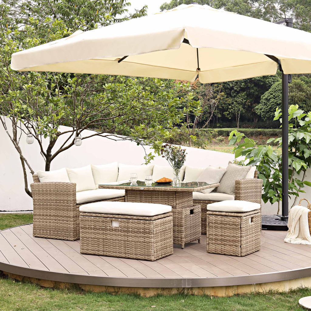 Granchester Rattan Rectangular Corner Dining Sofa Set with Rising Table, Natural — view 3