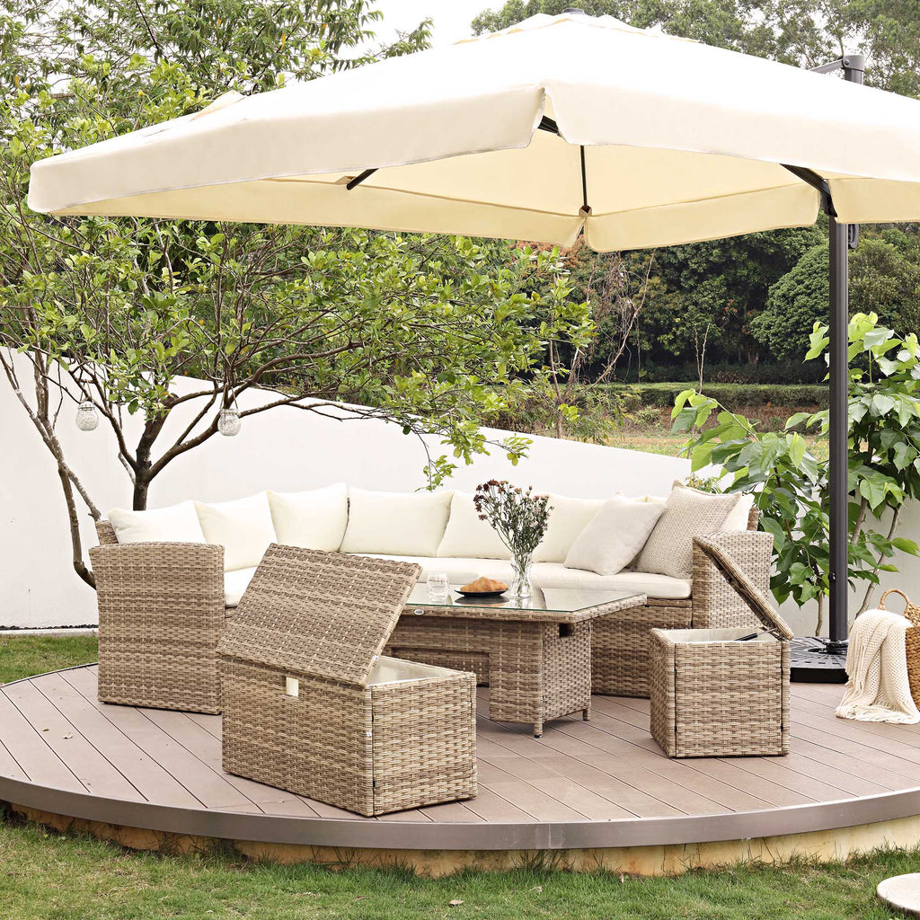 Granchester Rattan Rectangular Corner Dining Sofa Set with Rising Table, Natural — view 4