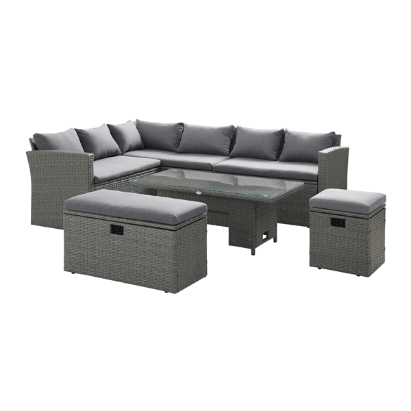 Granchester Rattan Rectangular Corner Dining Sofa Set with Rising Table, Grey — garden dining set from 2nd Time Around