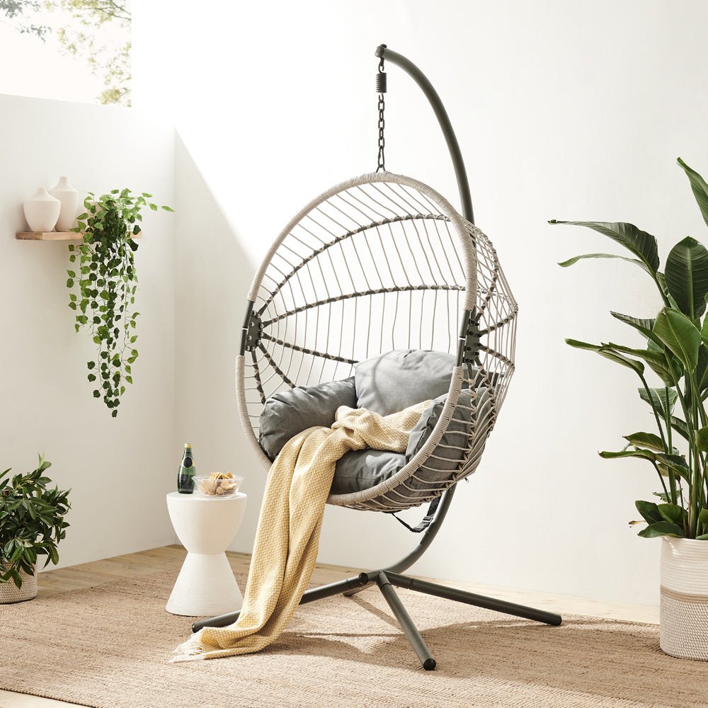 Harrington Rattan + Rope Indoor Outdoor Single Hanging Chair — garden chair from 2nd Time Around