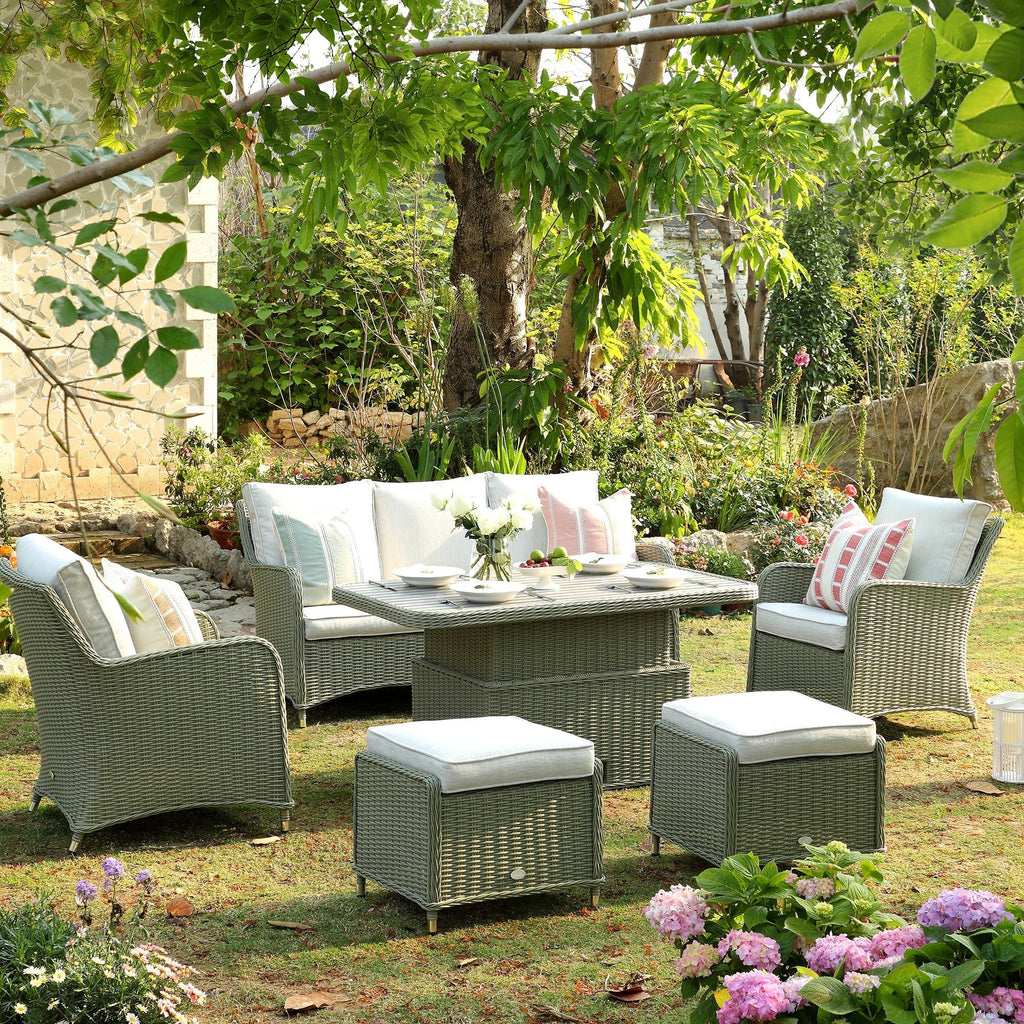 Hampshire 7-Seater Round Wicker Rattan Sofa Set with Rising Table, Desert Sage — garden dining set from 2nd Time Around