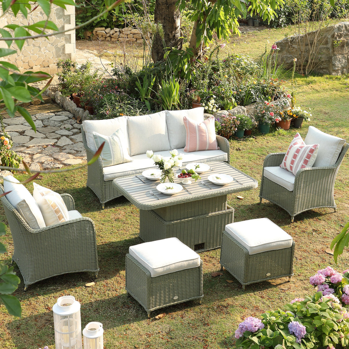 Hampshire 7-Seater Round Wicker Rattan Sofa Set with Rising Table, Desert Sage — view 2
