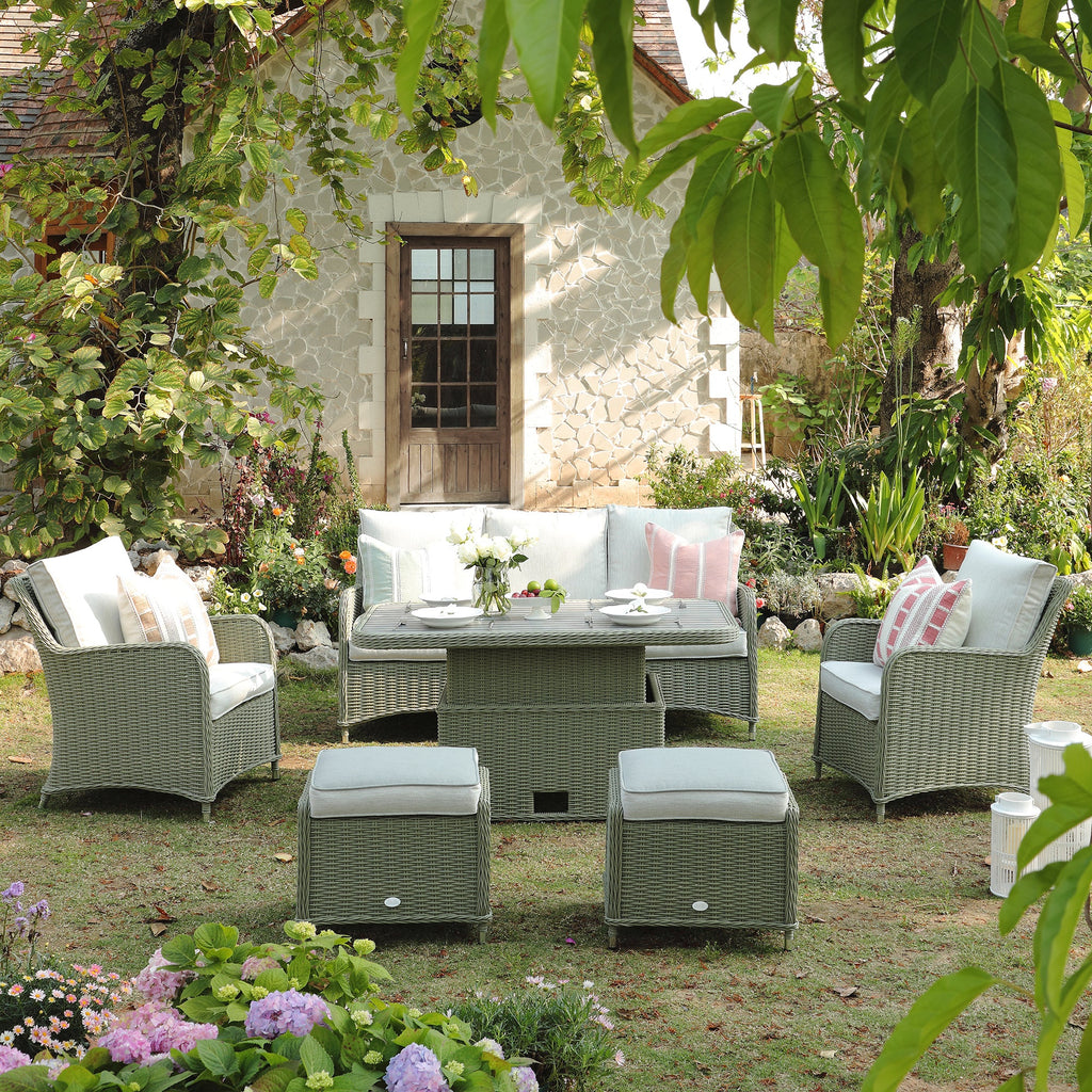 Hampshire 7-Seater Round Wicker Rattan Sofa Set with Rising Table, Desert Sage — view 3