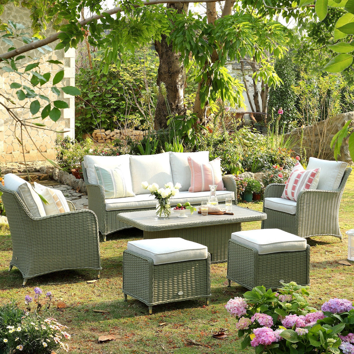 Hampshire 7-Seater Round Wicker Rattan Sofa Set with Rising Table, Desert Sage — view 4