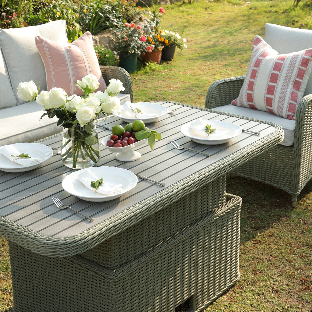 Hampshire 7-Seater Round Wicker Rattan Sofa Set with Rising Table, Desert Sage — view 5
