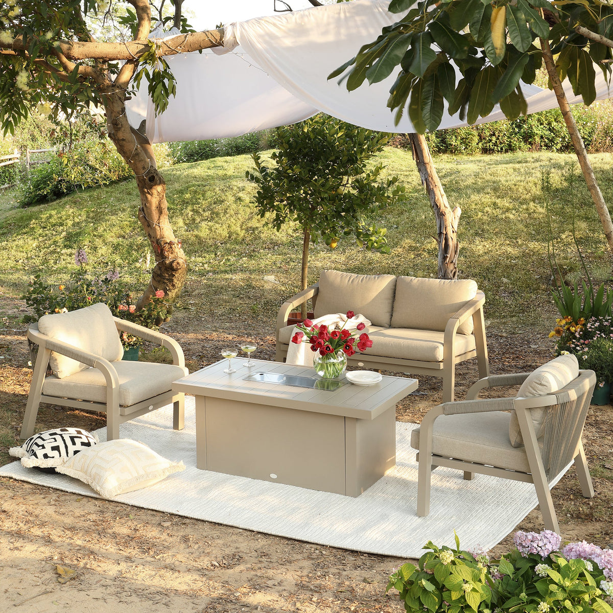 Manresa Rope 5-Seater Firepit Sofa Set, Taupe and Beige — view 5