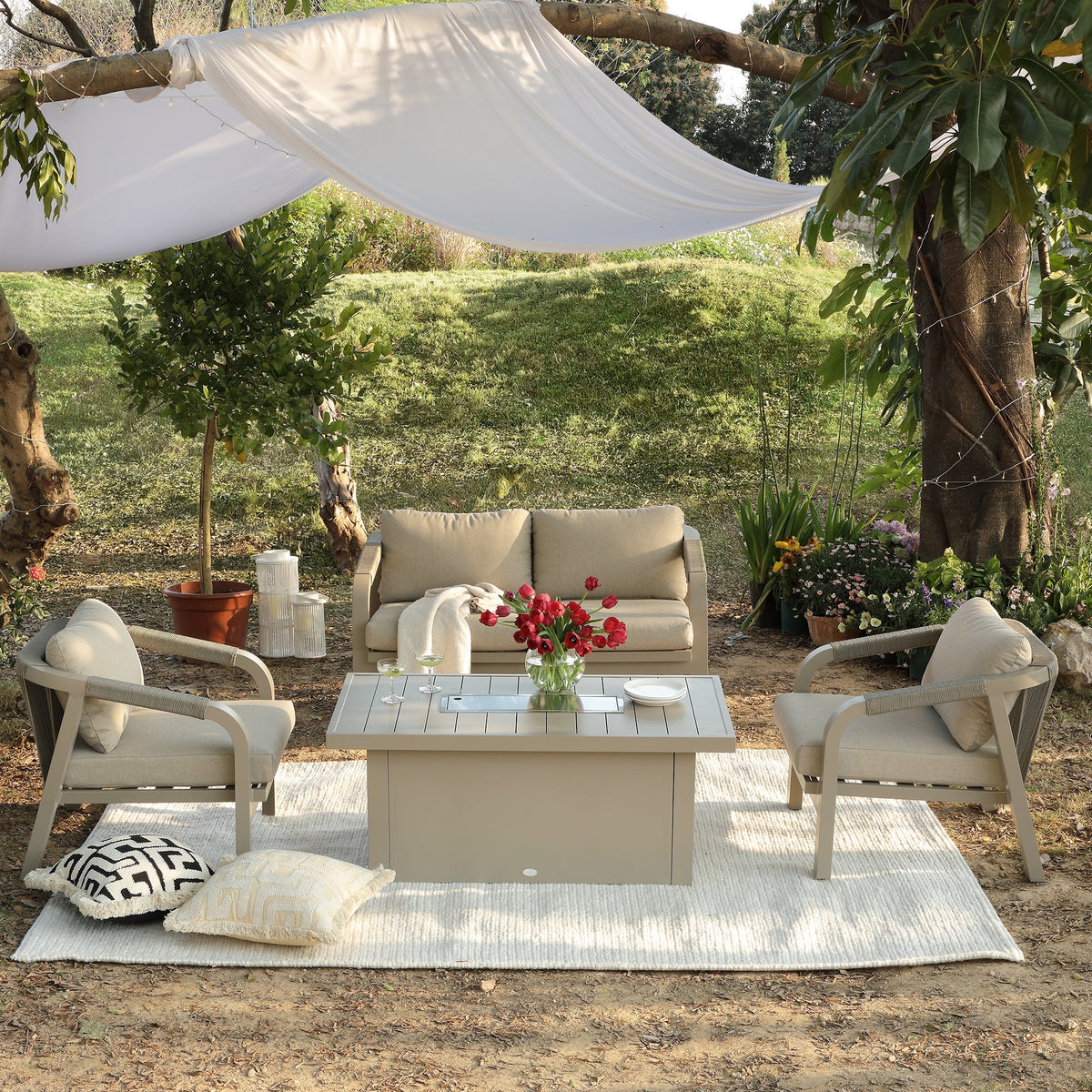 Manresa Rope 5-Seater Firepit Sofa Set, Taupe and Beige — view 6