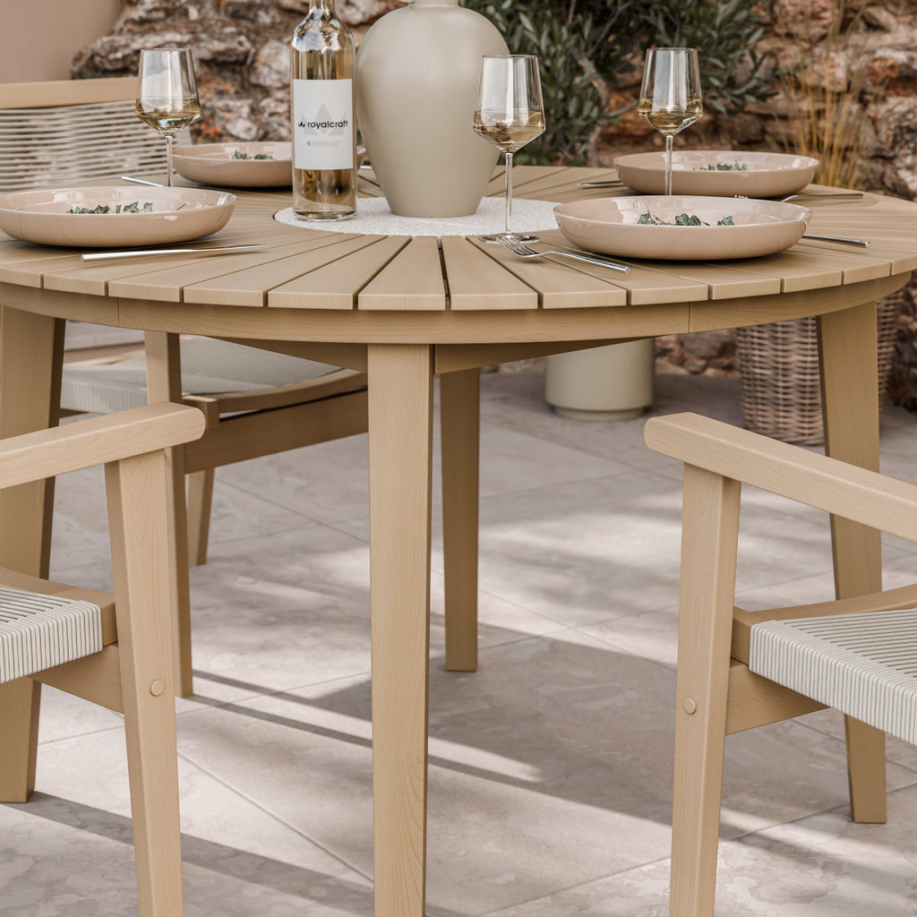 Roma FSC 4 Seater Round Sunray with Concrete Insert Dining Set with Roma Rope Stacking Chairs — dining set from 2nd Time Around