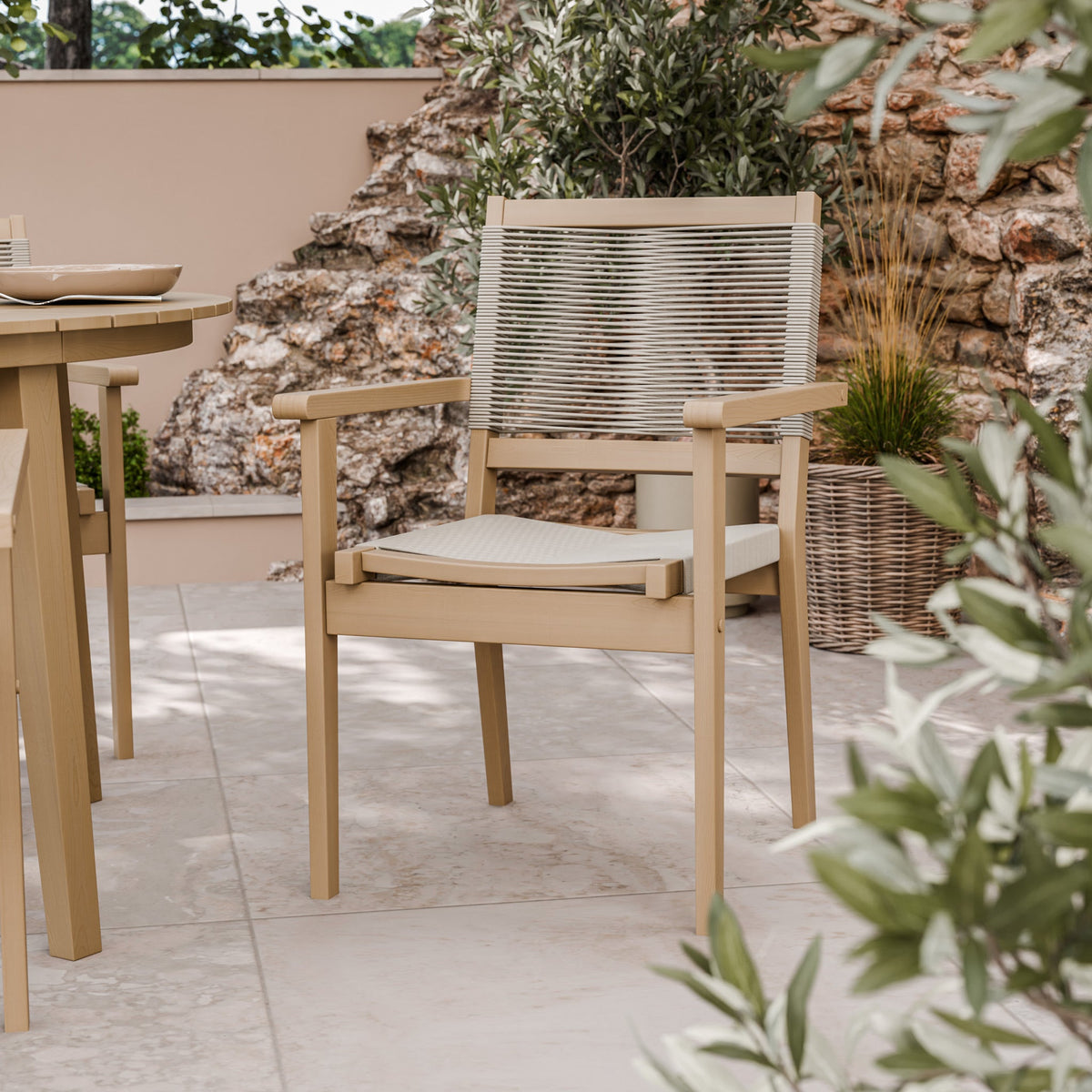 Roma FSC 4 Seater Round Sunray with Concrete Insert Dining Set with Roma Rope Stacking Chairs — view 4
