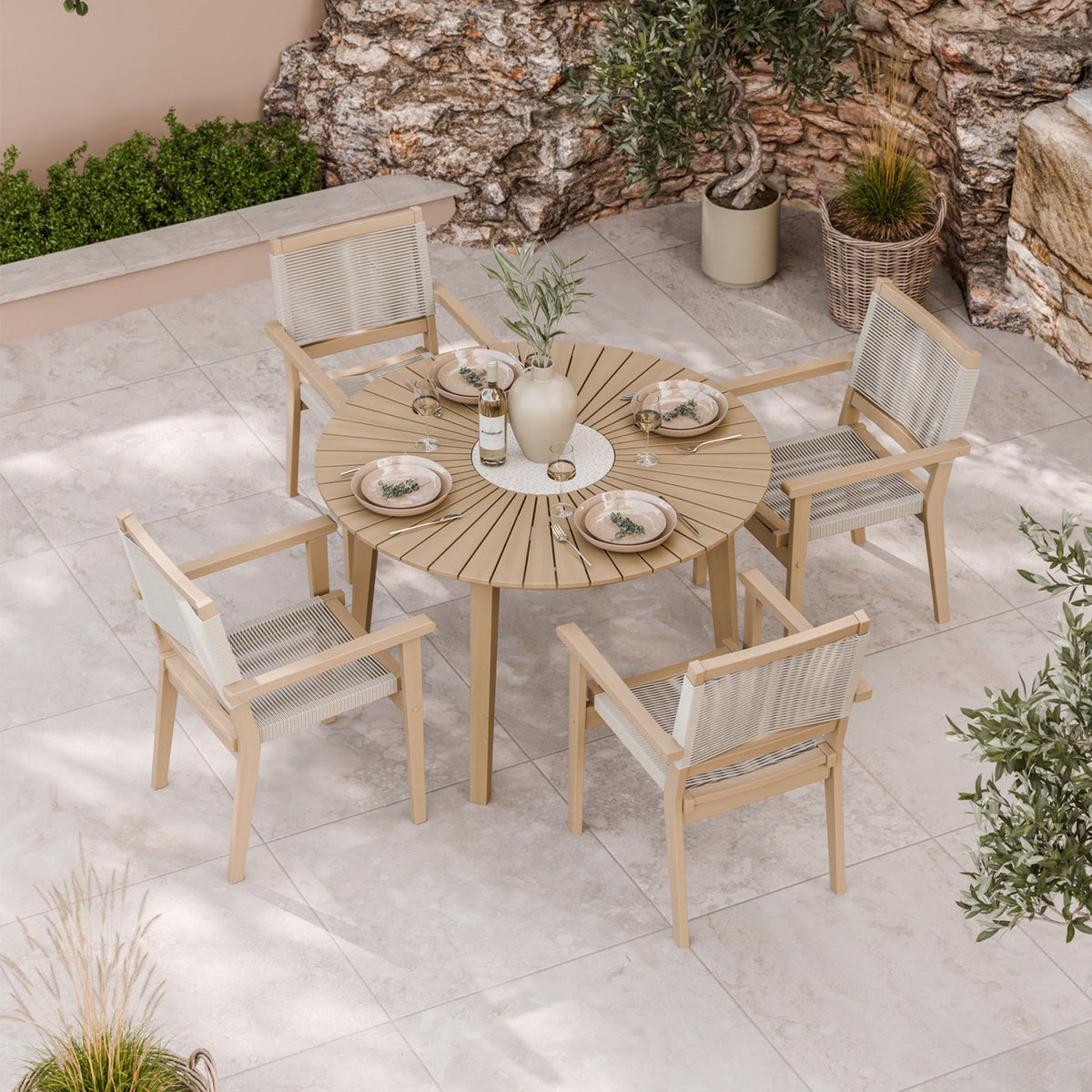 Roma FSC 4 Seater Round Sunray with Concrete Insert Dining Set with Roma Rope Stacking Chairs — view 2