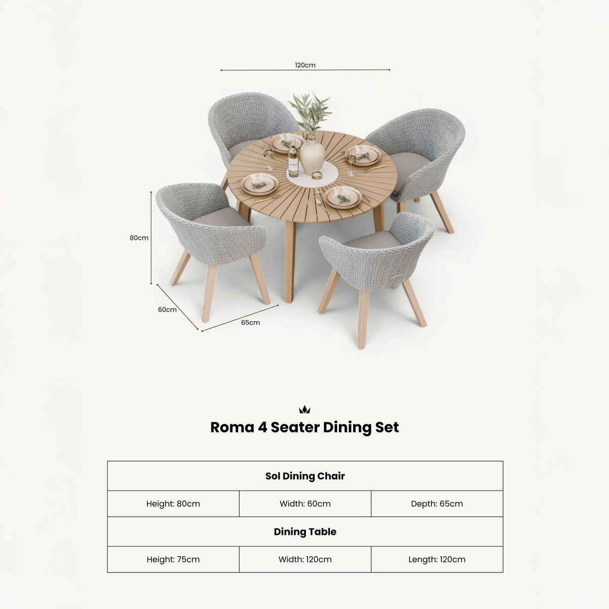 Roma FSC 4 Seater Round Sunray with Concrete Insert Dining Set with Sol Dining Chairs — view 10