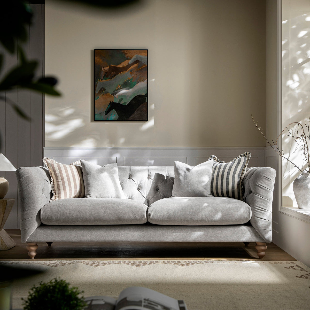 Ashby Chesterfield Large 3-Seater Sofa, Mist Grey Chenille — view 2