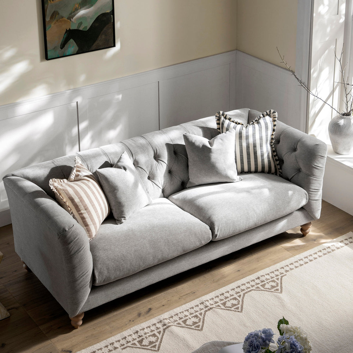 Ashby Chesterfield Large 3-Seater Sofa, Mist Grey Chenille — view 3
