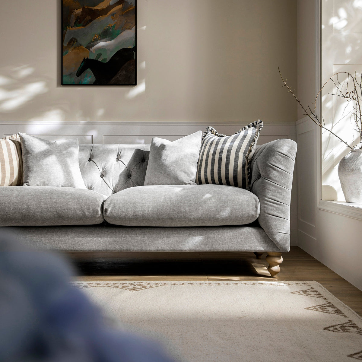 Ashby Chesterfield Large 3-Seater Sofa, Mist Grey Chenille — view 5