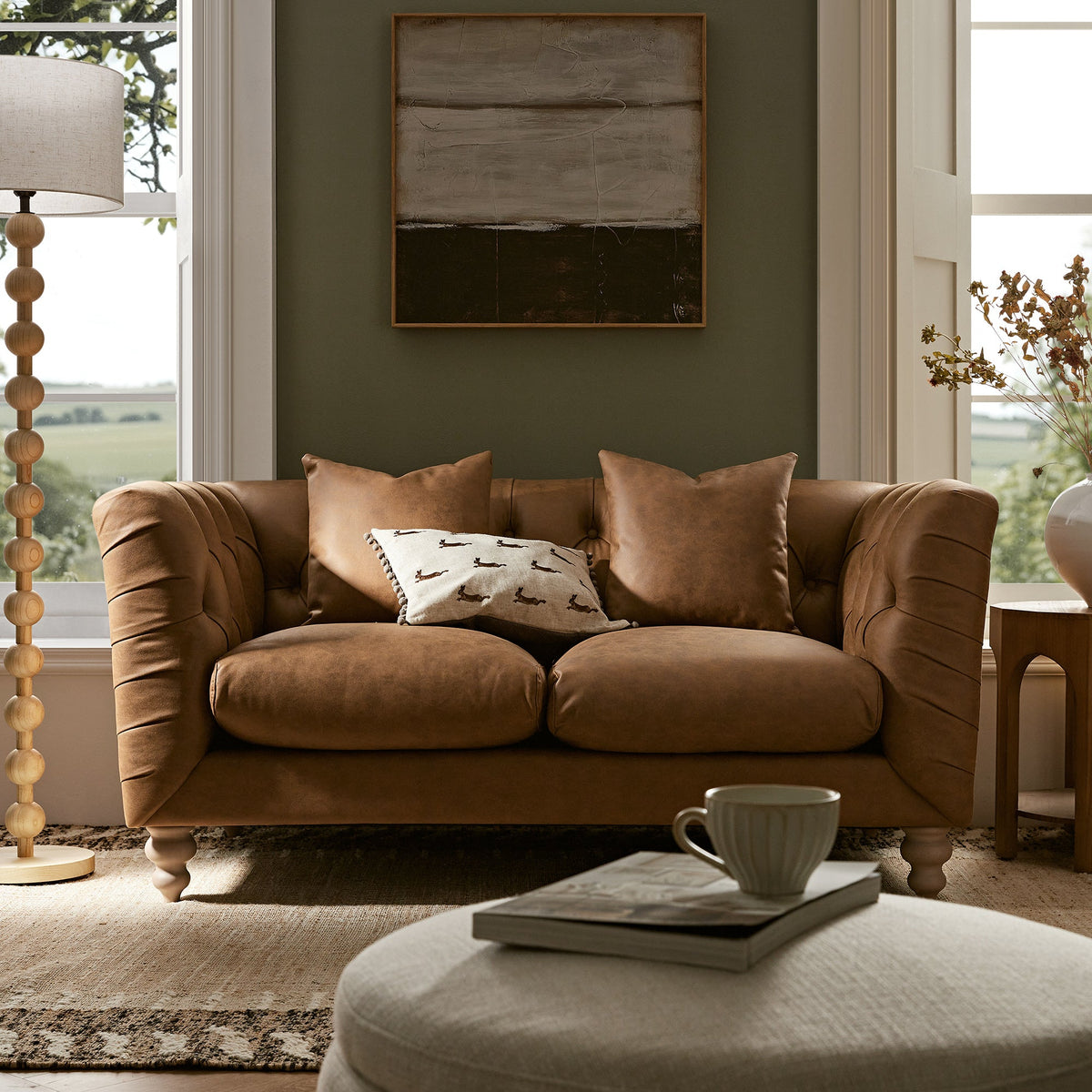 Ashby Chesterfield 2-Seater Sofa, Tan Faux Leather — view 2
