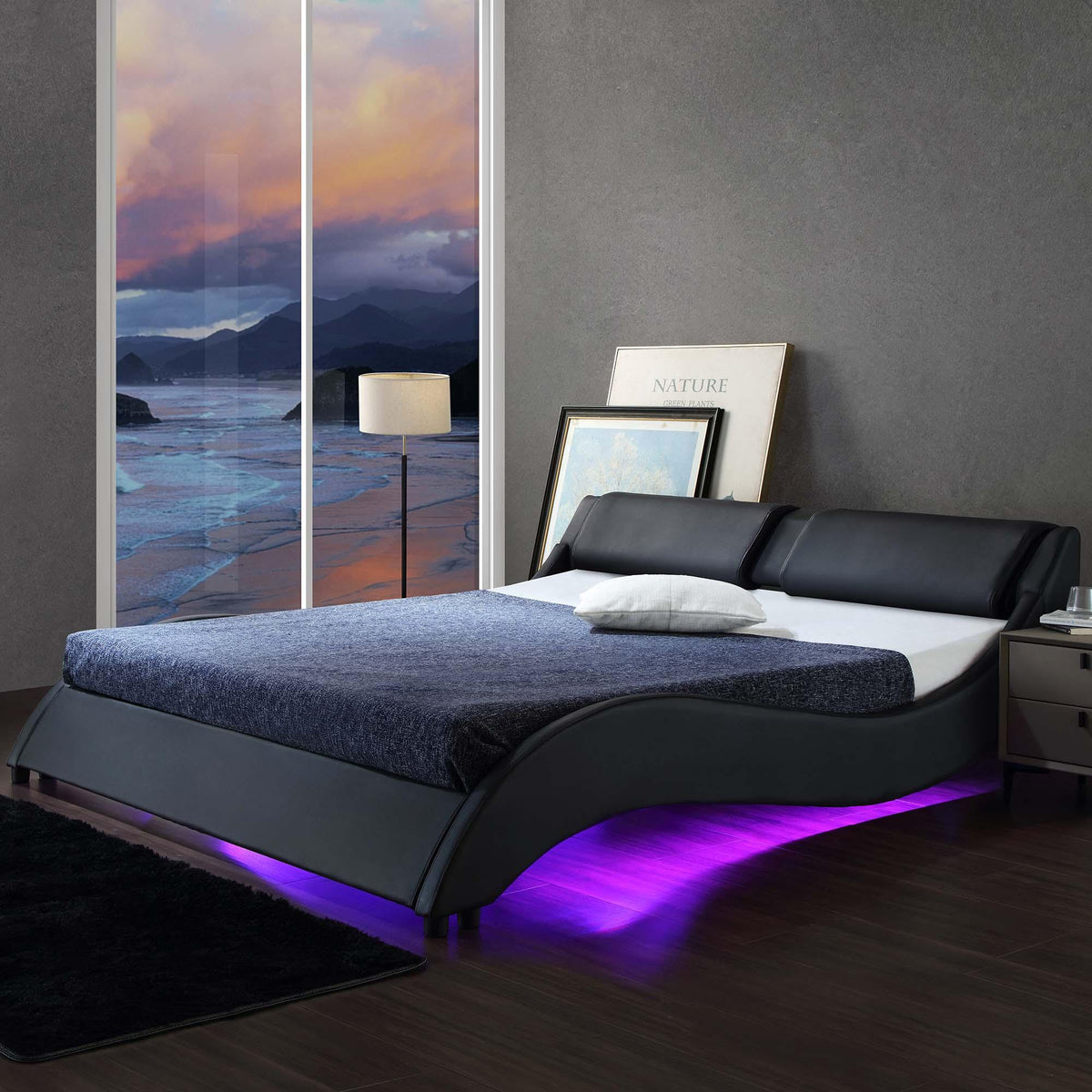 CORVUS Faux Leather Upholstered Bed Frame with Underbed LED Lights, Black — view 3