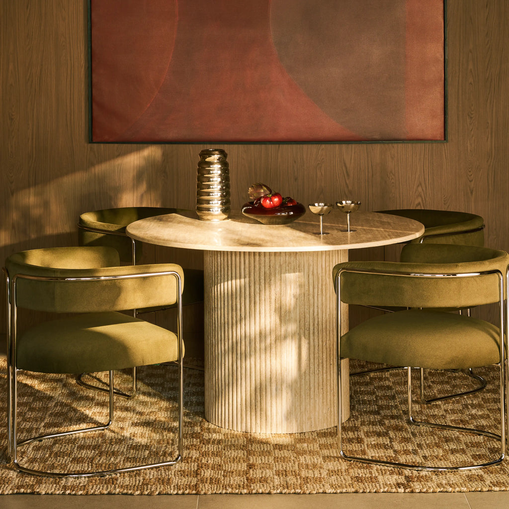 Santoria 4 Seat Round Dining Table | Natural Travertine Effect Sintered Stone — dining table from 2nd Time Around