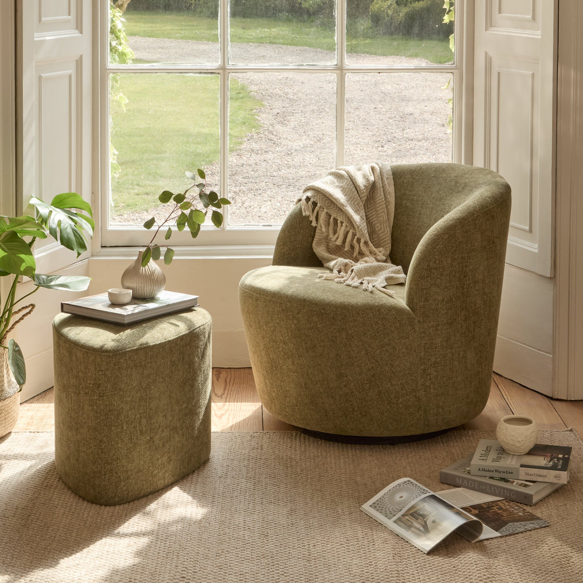 Sawyer 68cm Swivel Armchair & Alder 45cm Footstool - Moss Green — armchair from 2nd Time Around