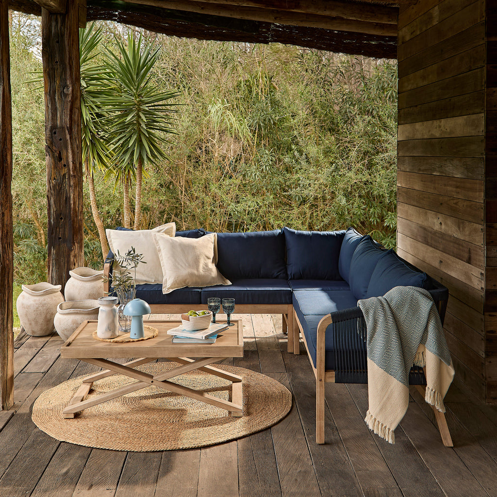 Shiro Garden Corner Sofa with Navy Cushions with Akira Coffee Table Set — view 2