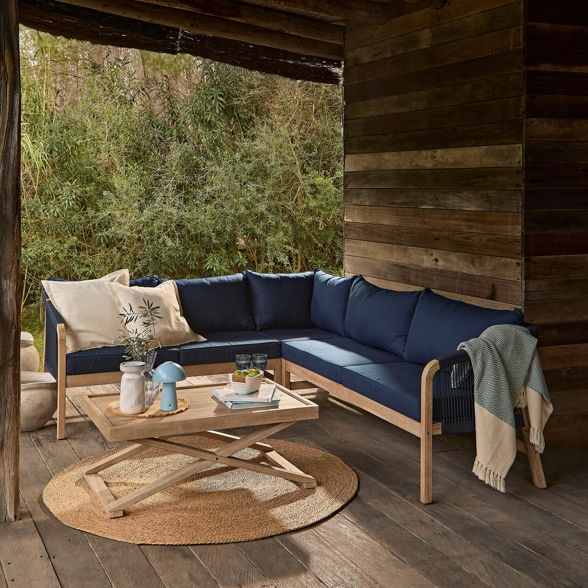 Shiro Garden Corner Sofa with Navy Cushions with Akira Coffee Table Set — garden sofa from 2nd Time Around