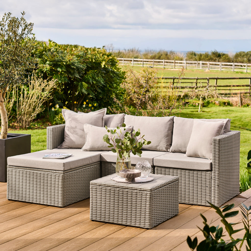 Weston 4 Seater Rattan Garden Corner Sofa Set - Light Grey with Stone Grey Cushions — view 3