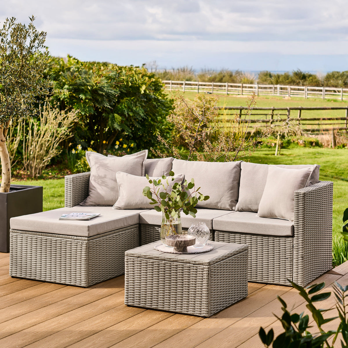 Weston 4 Seater Rattan Garden Corner Sofa Set - Light Grey with Stone Grey Cushions — view 3