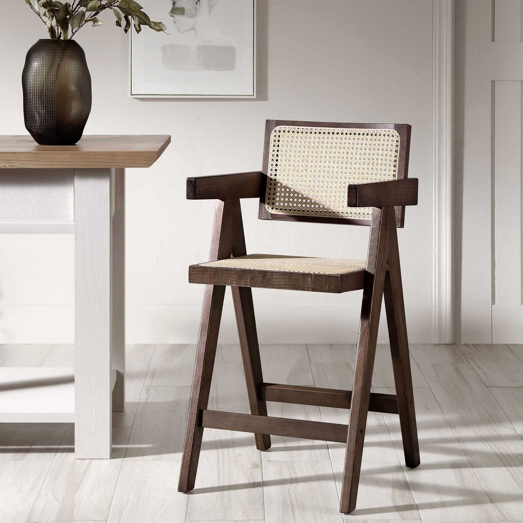 Jeanne Dark Walnut Cane Rattan Solid Beech Wood Counter Stool — bar stool from 2nd Time Around