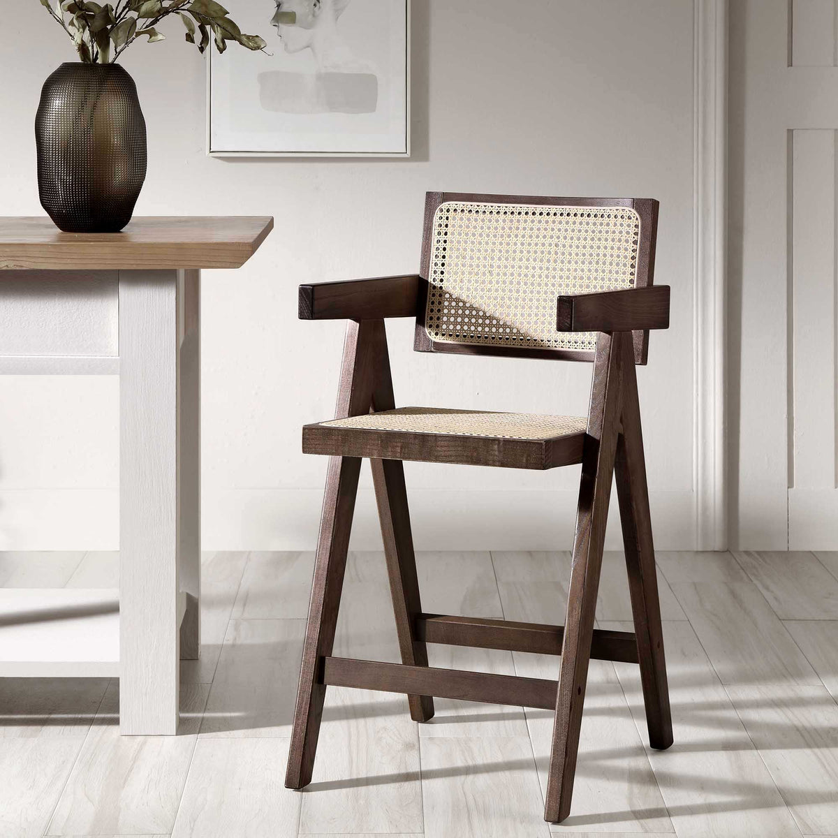 Jeanne Dark Walnut Cane Rattan Solid Beech Wood Counter Stool — bar stool from 2nd Time Around