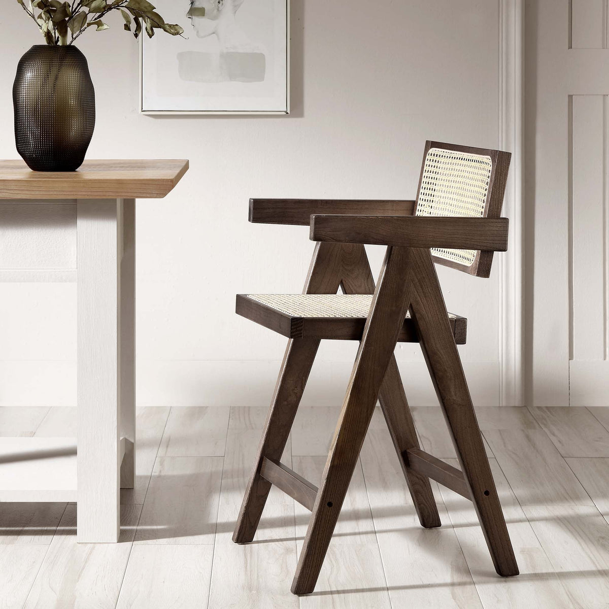Jeanne Dark Walnut Cane Rattan Solid Beech Wood Counter Stool — view 2