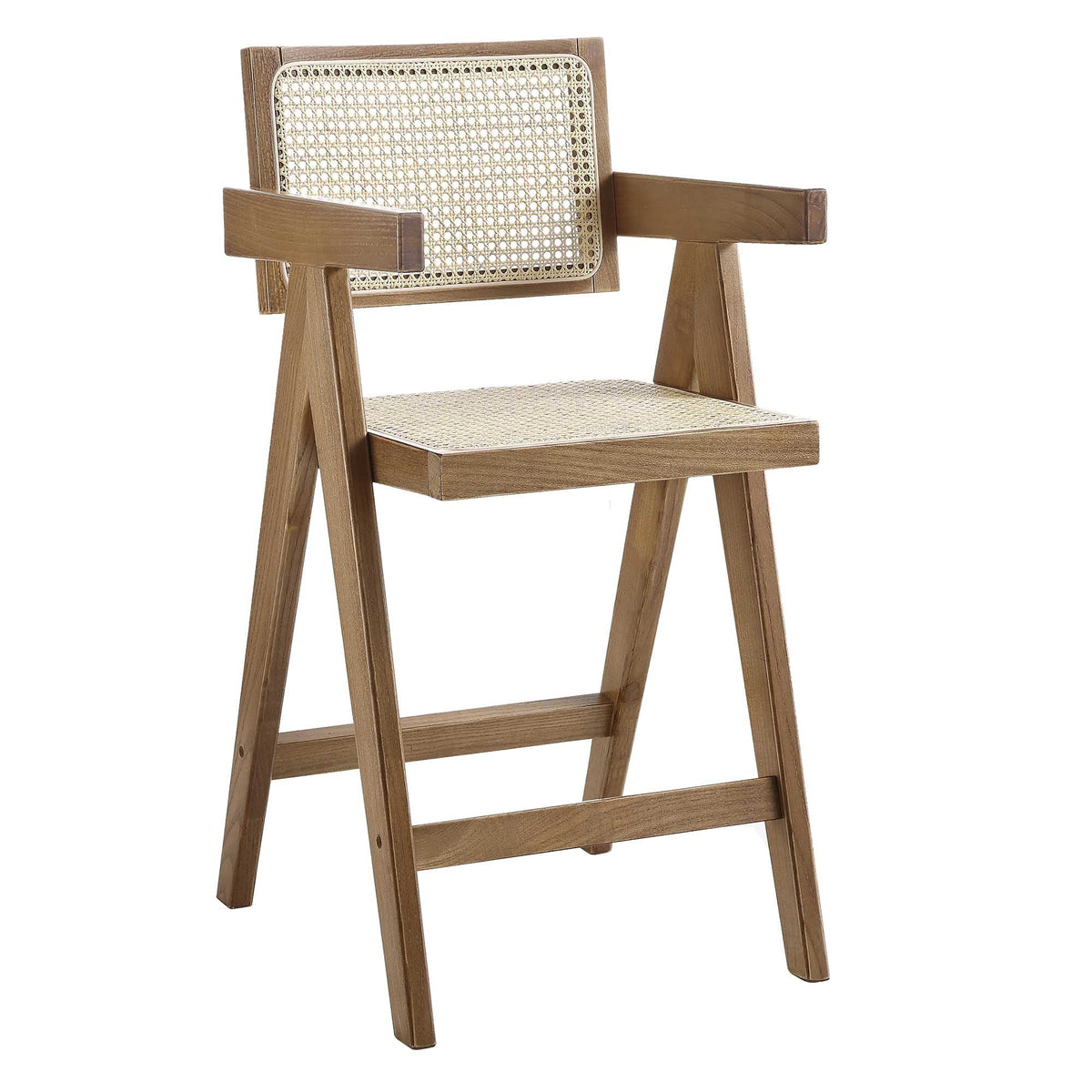 Jeanne Light Walnut Cane Rattan Solid Beech Wood Counter Stool — view 3