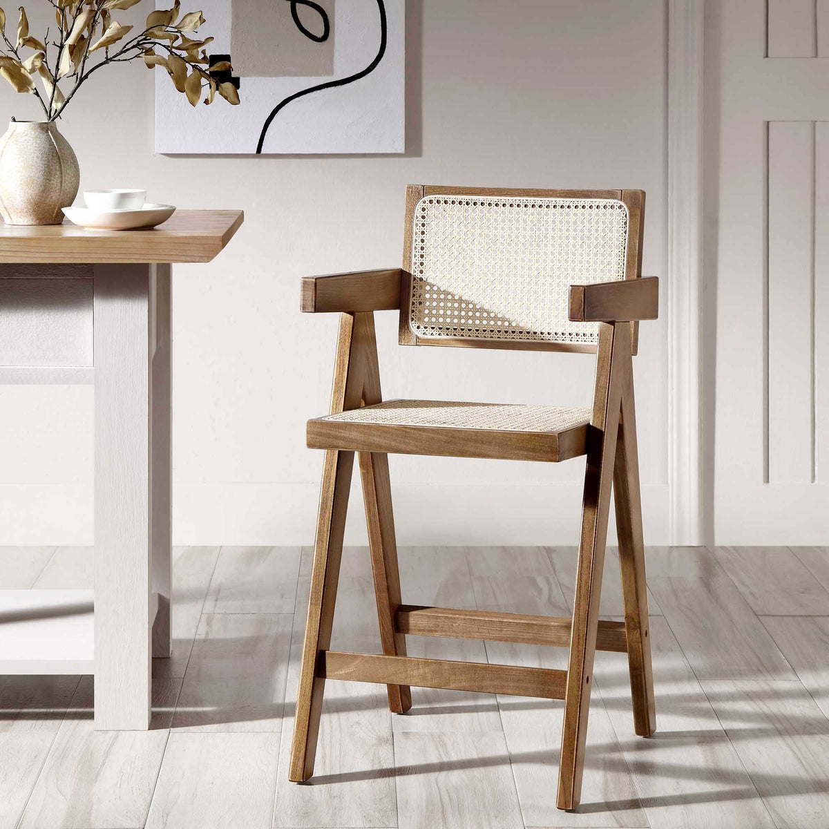 Jeanne Light Walnut Cane Rattan Solid Beech Wood Counter Stool — bar stool from 2nd Time Around
